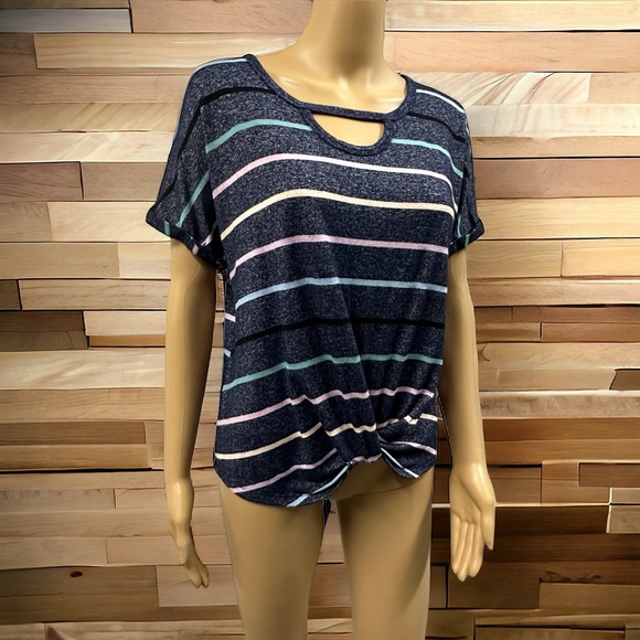 Democracy Blue Multicolor Striped Twisted Hem Keyhole Knit Top Womens Medium - Picture 9 of 9